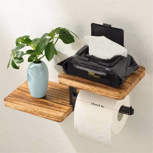 VOGREX Wall Mounted Wooden Toilet Roll Holder with Storage Shelves in Brown – 1