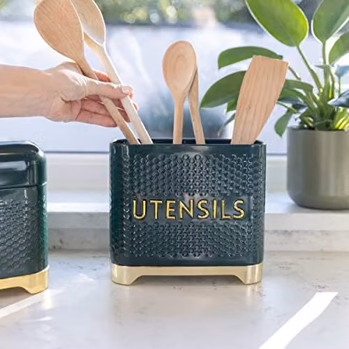 KitchenCraft Lovello Textured Metal Kitchen Utensil Holder in Green and Gold, W/D/H: 19 x 9 x 18 cm – 3