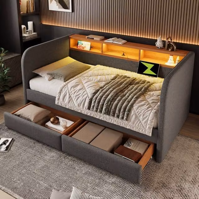 Merax Grey Upholstered Single Daybed with 2 Drawers, LED Lighting and USB Charging Ports, W/D/H: 90 x 190 x 90 cm – 1