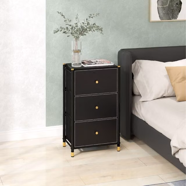 HOMCOM Modern Black Bedroom Chest of Drawers with PU Leather Surface and Gold Accents