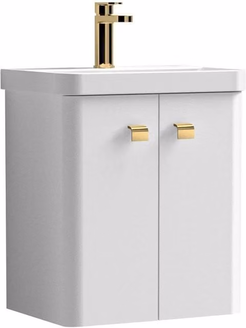 Nuie Core Wall Hung 2-Door Vanity Unit and Sink in White and Gold – 1