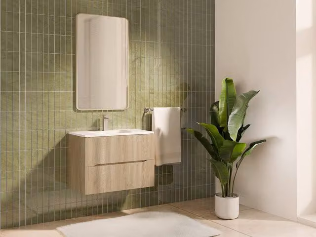 Vente-unique Striped Wall-Hung Bathroom Vanity Unit with Inset Basin in Light Oak – 1