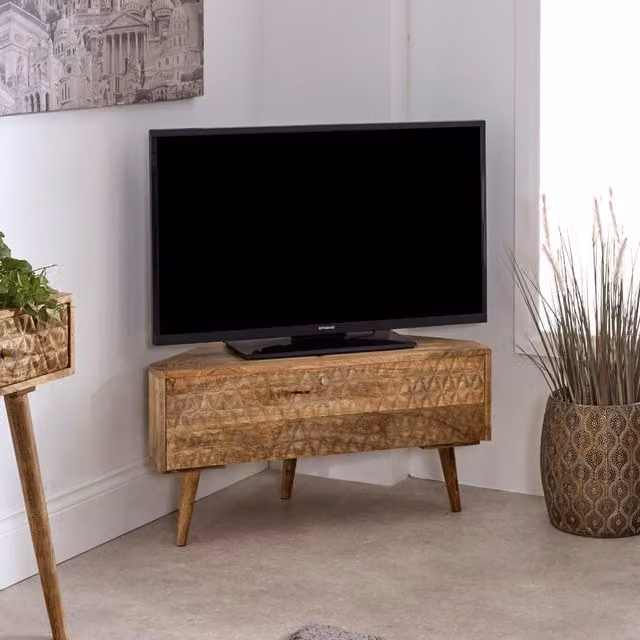 IH Design Ryley Modern Mango Wood Corner TV Stand in Natural Sand and Brown, W/D/H: 90 x 38 x 45 cm