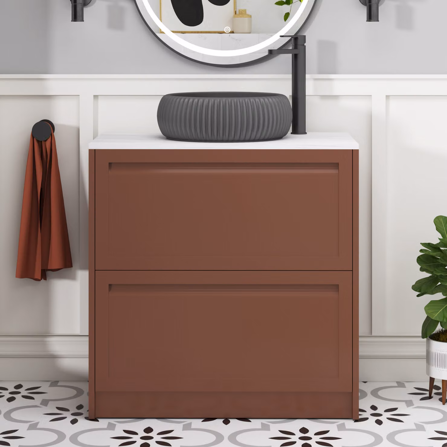 Royal Bathrooms Elmore Terracotta Clay 2 Drawer Floor Standing Vanity Unit with Carrara White Worktop