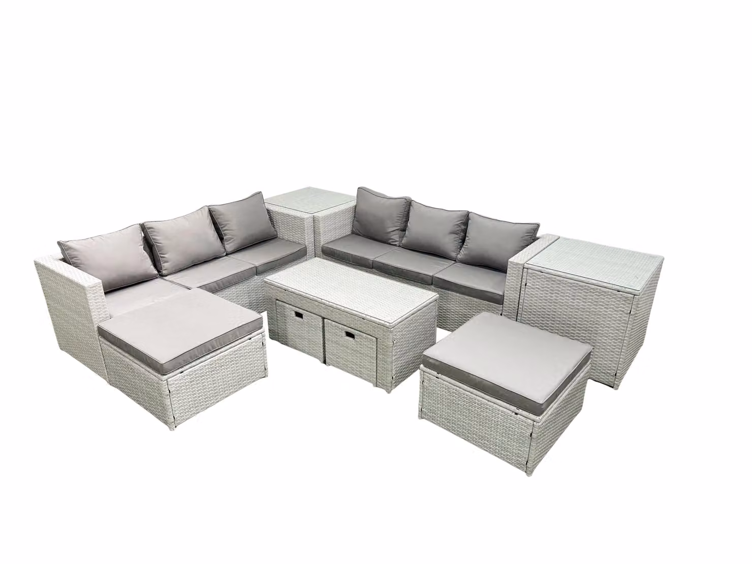 Fimous 10 Seater Outdoor Rattan Garden Furniture Set in Light Grey with Grey Cushions, Coffee Table and 2 Side Tables – 2