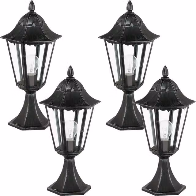 Loops 4 Pack IP44 Outdoor Pedestal Lanterns in Black and Silver Patina with E27 Bulb Holder – 1