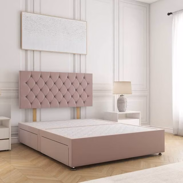 BSSPOKE Mia Small Double Divan Bed with 24 inch Plush Headboard and 2 Drawers in Pink
