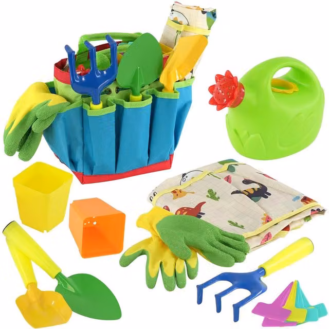 The Magic Toy Shop Kids Garden Tools Set with Watering Can, Shovel, Apron and Gloves in Multicolour