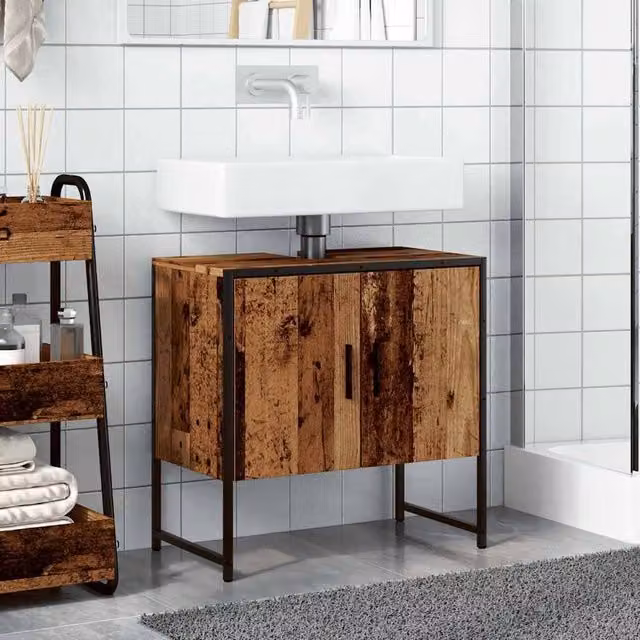 Berkfield Home Sturdy Bathroom Sink Cabinet in Brown Old Wood, W/D/H: 60 x 33 x 60 cm