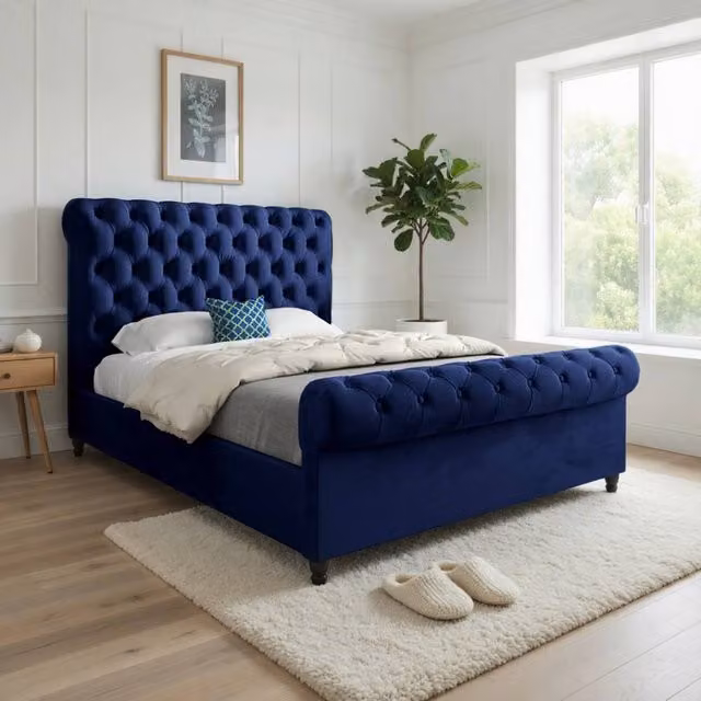 KDMD Tittleshall Sleigh Upholstered Designer Bed Frame in Blue Soft Velvet, W/D/H: 100 x 200 x 83 cm