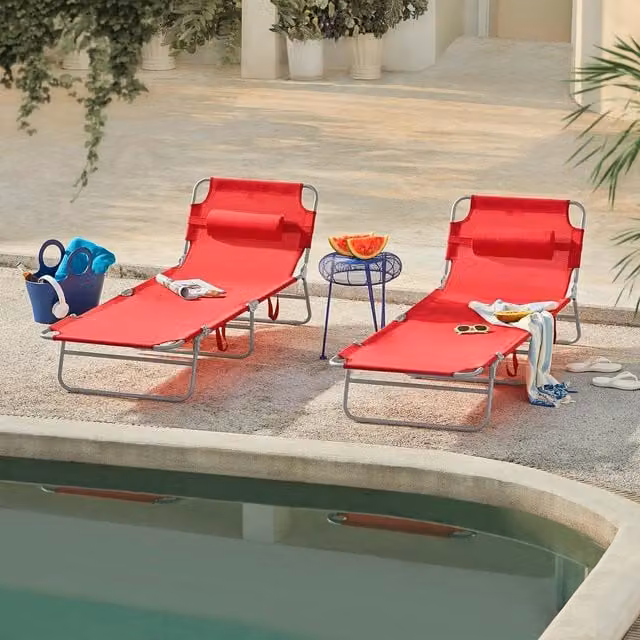 SoBuy Set of 2 Red Adjustable Folding Sun Loungers with Textilene Fabric and Powder Coated Steel Frame