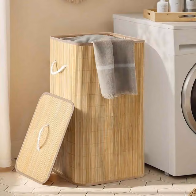 The Bazaarist Bamboo Laundry Basket with Lid and Removable Liner in Beige and Brown, W: 40.0 cm, D: 32.0 cm, H: 70.0 cm