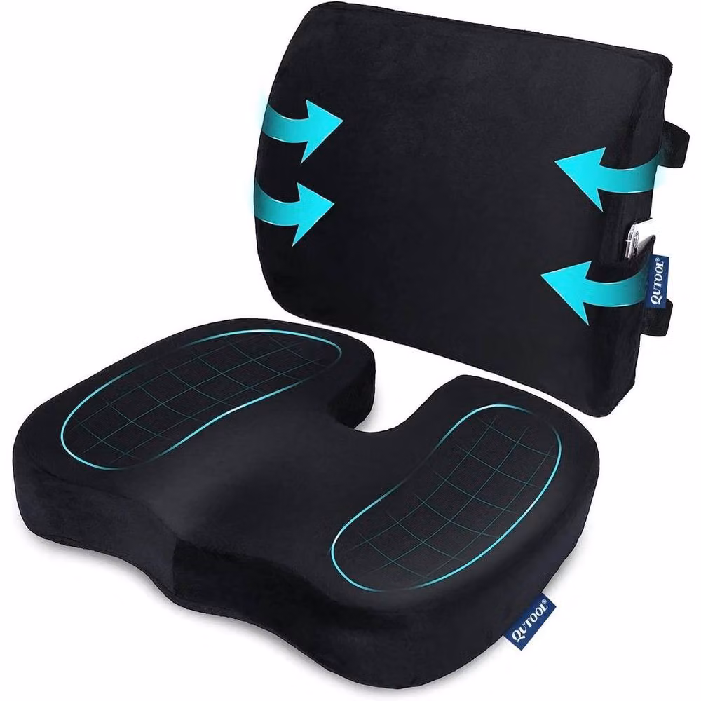 FLAVORA Black Memory Foam Lumbar Back Support and Seat Cushion Set with Breathable Velvet Removable Covers – 2