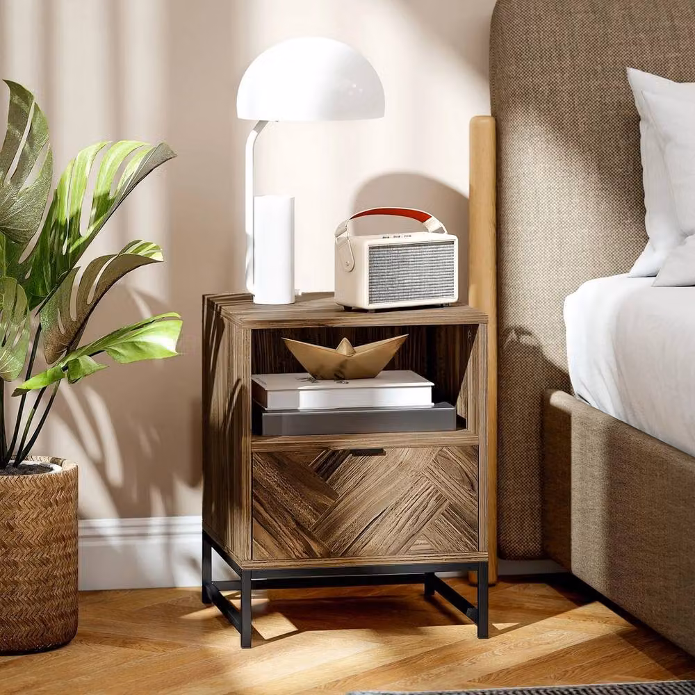 HOMCOM Industrial Nightstand with Drawer and Shelf in Black and Brown Wood and Metal – 5