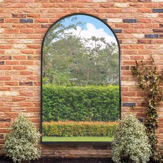 MirrorOutlet The Arcus Black Framed Arched Metal Garden Wall Mirror
