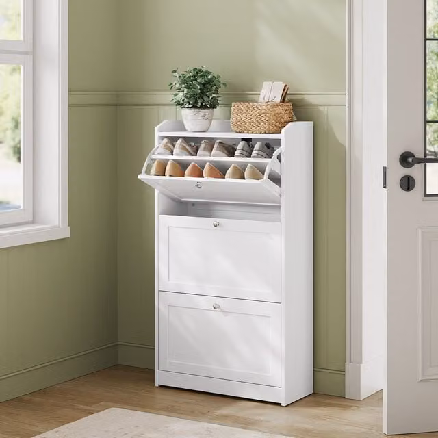 VASAGLE Modern White Freestanding Shoe Storage Cabinet with 3 Tilting Compartments and Internal Shelves