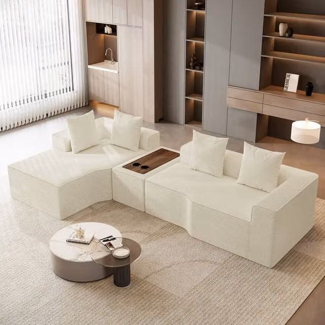 Dprodo Beige Corduroy Left L-Shaped Modular Sofa with Cup Holder Table and Scatter Cushions, Width: 320 cm