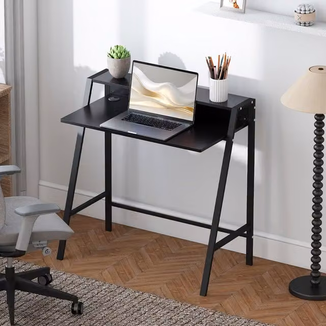 HOMCOM 2-Tier Computer Workstation with Storage Shelf and Metal Frame in Black – 1