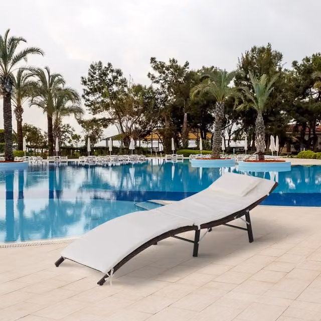 Outsunny Folding Rattan Sun Lounger with Weatherproof Cushion in Brown and White
