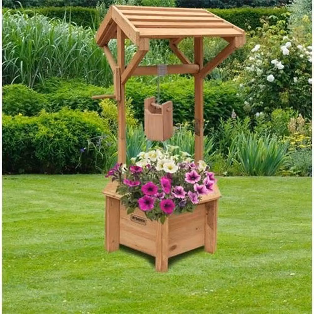 FLAVORA Brown Wooden Wishing Well Planter and Garden Tub – 3