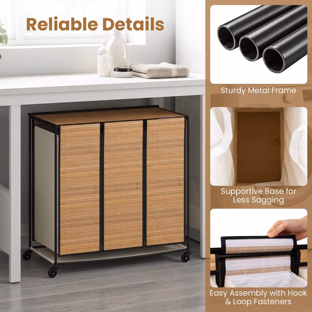 Costway 81L Bamboo 3-Section Rolling Laundry Hamper Sorter with Lid in Natural Brown – 6