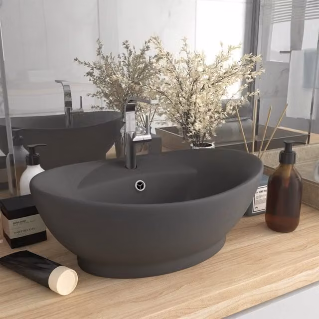 Berkfield Home Luxury Oval Ceramic Countertop Basin with Overflow in Matt Dark Grey W: 58.5 cm, D: 39 cm