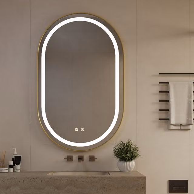 Livingandhome Wall Mounted Oval LED Bathroom Mirror in Gold