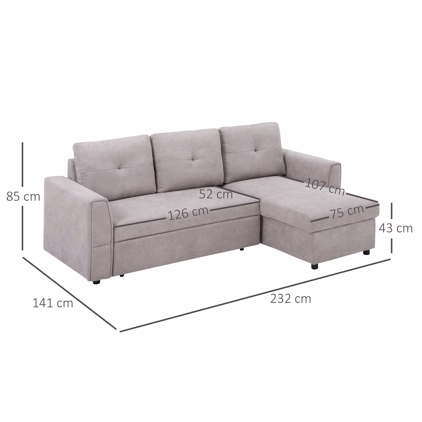 HOMCOM 3 Seater Corner Sofa Bed with Storage in Light Grey – 3