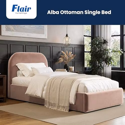 Flair Furnishings Alba Single Ottoman Bed Frame with Storage and Curved Headboard in Pink Velvet, W/D/H: 90 x 190 x 105 cm – 2