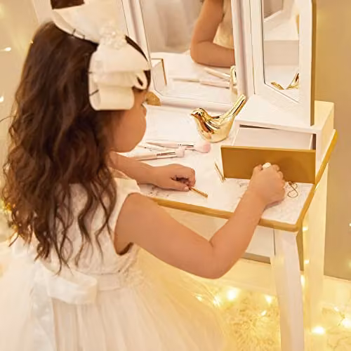 Teamson Versailles Childrens Glamour Vanity Table and Stool with Tri-Fold Mirror in White and Gold – 2