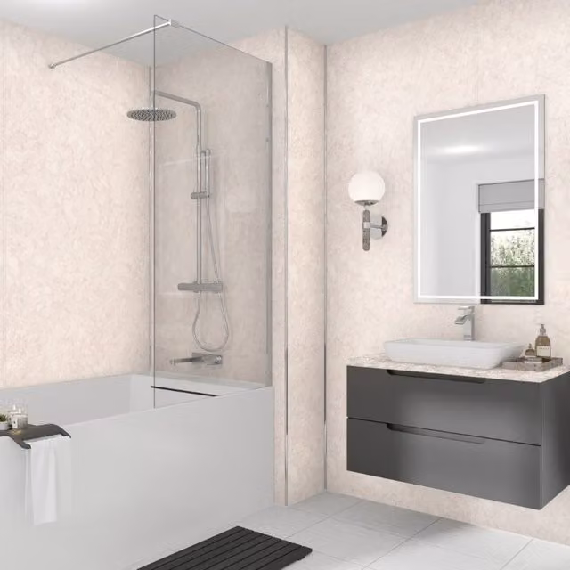 Wetwall Eiger Beige Laminate Tongue and Groove Wall Panel W: 58.5 cm, H: 242 cm, D: 1.1 cm