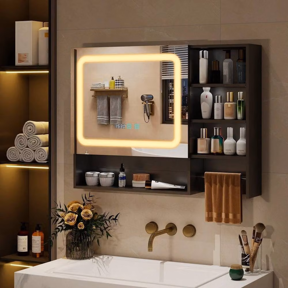 FLAVORA Black Matt LED Bathroom Mirror Cabinet with Integrated Lighting and Internal Shelves – 2