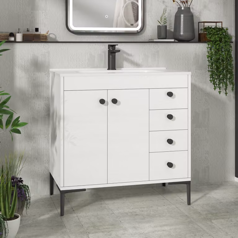 Royal Bathrooms Verona 800mm Gloss White Floor Standing Vanity Unit with Ceramic Basin, 2 Doors and 4 Drawers