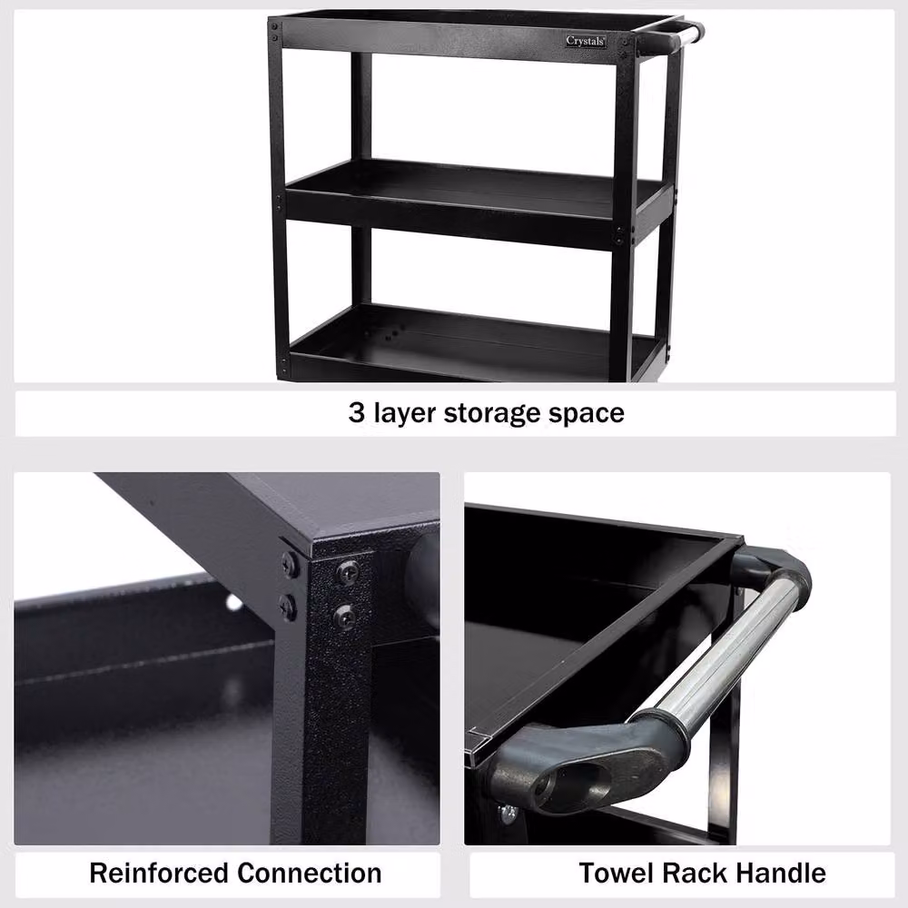 Crystals 3 Tier Heavy Duty Tool Storage Cart with Wheels, Black, W: 52 cm, D: 52 cm, H: 74 cm – 4