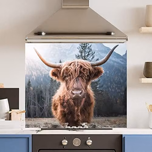 Highland Cow Multicolour Glass Kitchen Splashback, Heat Resistant Toughened Tempered Glass with Polished Edges, W: 90 cm, H: 75 cm