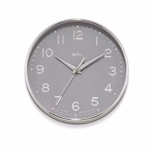 Acctim Rand Quartz Analog Wall Clock with Chromed Silver Metal Case and Grey Embossed Arabic Dial, Diameter: 20 cm
