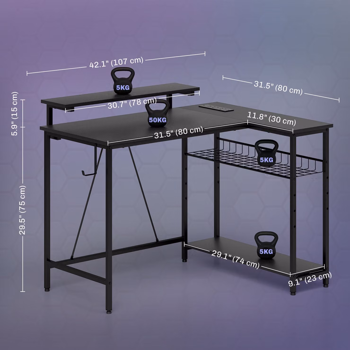HOMCOM Reversible L Shape Gaming Desk with LED Light and Power Outlets in Black – 2