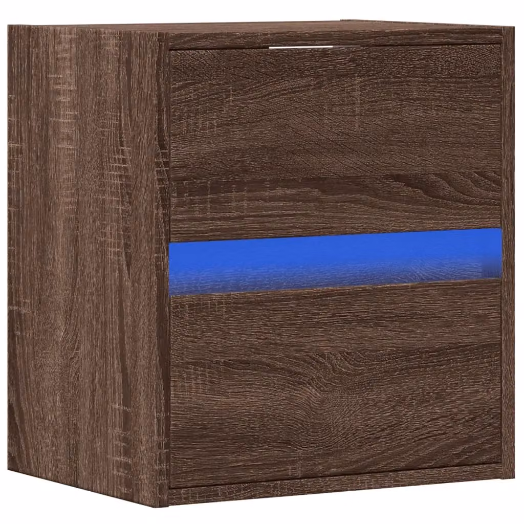Berkfield Home Wall-mounted Bedside Cabinet with Integrated LED Lights in Brown Oak – 4