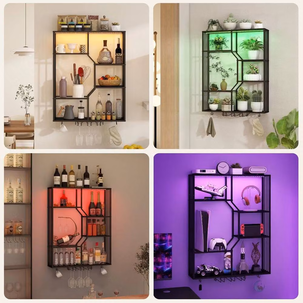 FORGEVIO Wall Mounted Metal Wine Rack with RGB LED Lighting in Matt Black, Width: 50 cm – 4