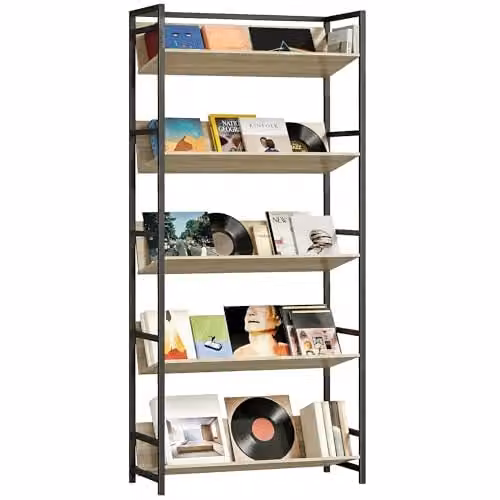 HOMCOM 5-Tier Industrial Bookshelf with Media Compartments in Brown and Black, H 174 x W 80 x D 35 cm
