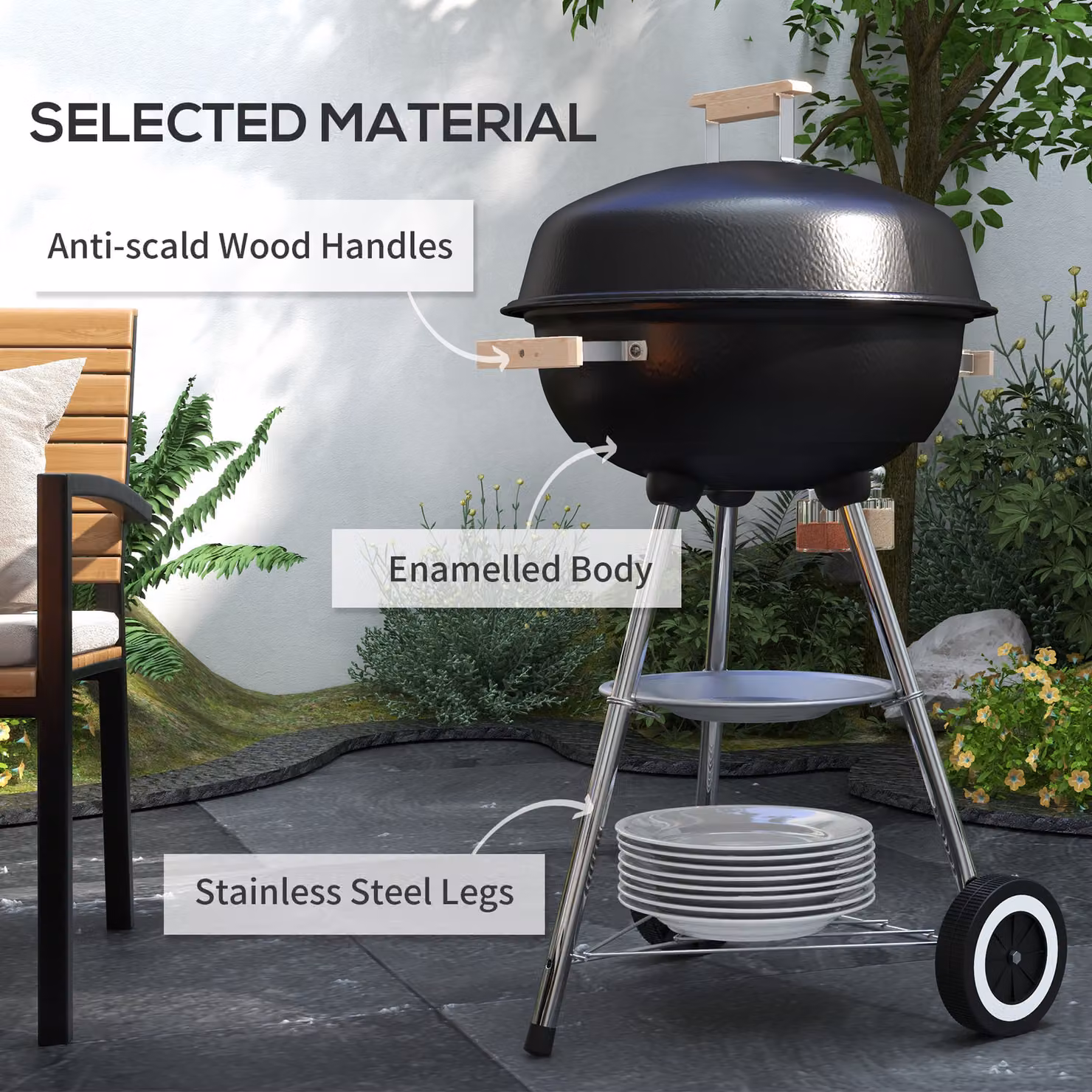 Outsunny Portable Round Kettle Charcoal BBQ Grill in Black – 6