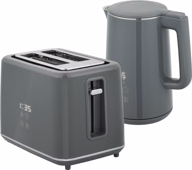 HOMCOM Digital Kettle and Toaster Set in Grey, including 1.5 l Fast Boil Kettle and 2 Slice Toaster with LED Touch Display – 1