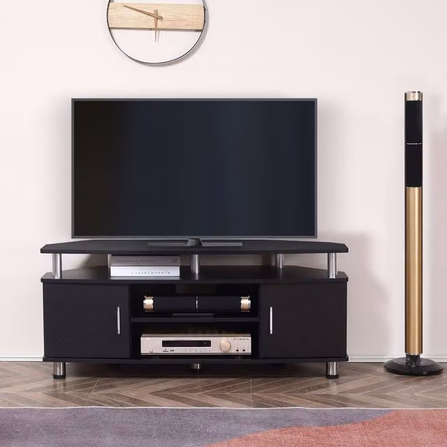 HOMCOM Modern Black TV Unit Cabinet with Storage Shelves and Cupboard