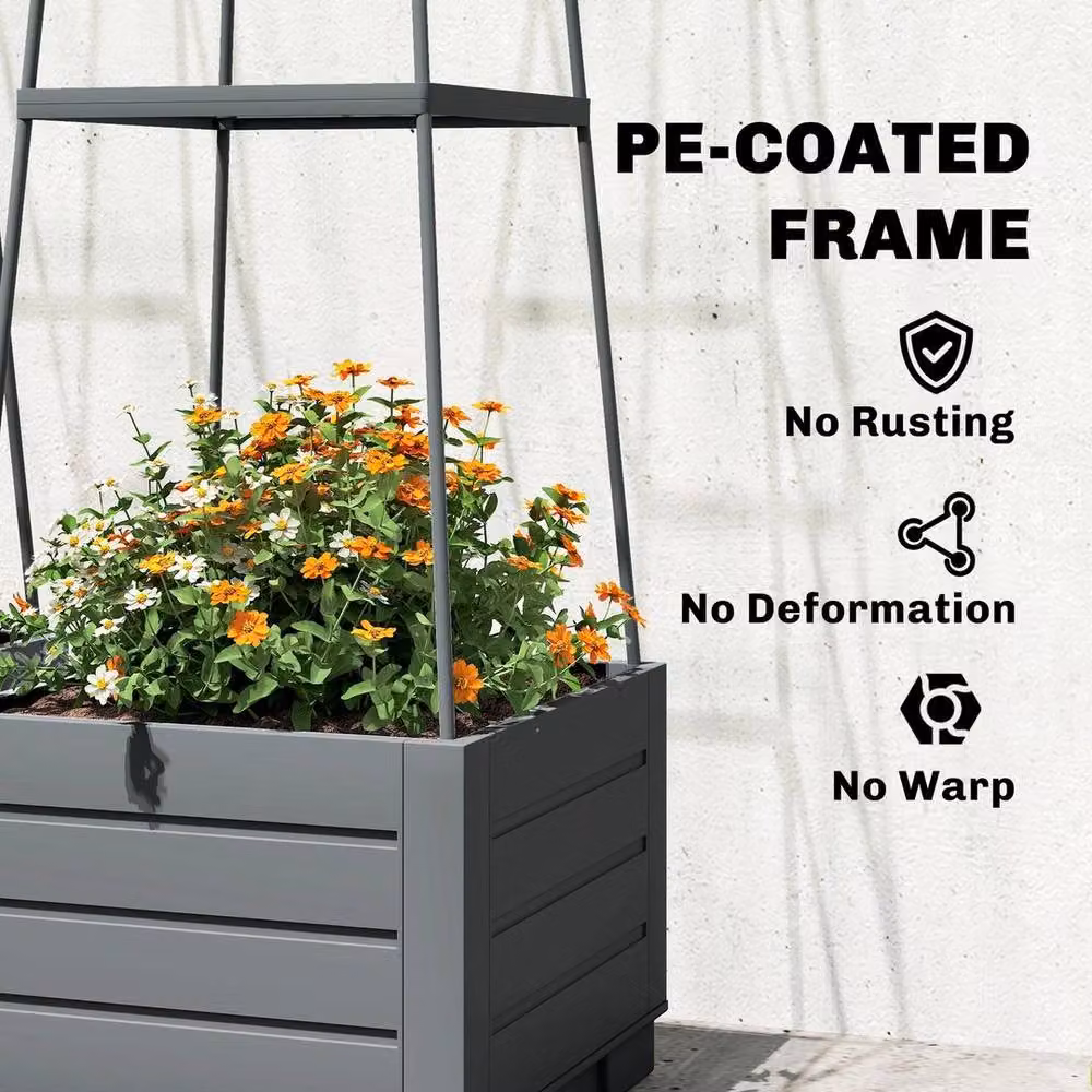 NESTLUNE 2 Pack Grey Raised Garden Beds with Trellis and Removable Drainage Trays – 2