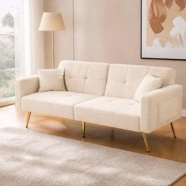 STILVORA Click-Clack Sofa Bed in Beige and Gold with Solid Wood Frame – 1