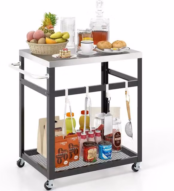 Costway 2-tier Outdoor Grill Cart and Pizza Oven Stand Trolley with Wheels in Silver Stainless Steel, W/D/H: 73 x 40 x 84 cm