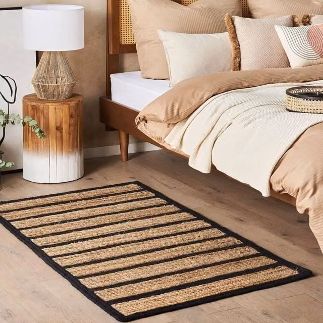 Wyld and Coco Rustic Boho Woven Cotton and Jute Striped Rug in Black and Beige, W: 80 cm, L: 150 cm – 1
