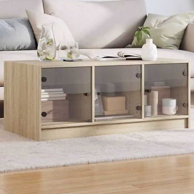 Berkfield Home Sonoma Oak Coffee Table with Glass Doors in Brown, W: 102 cm, D: 50 cm, H: 42 cm