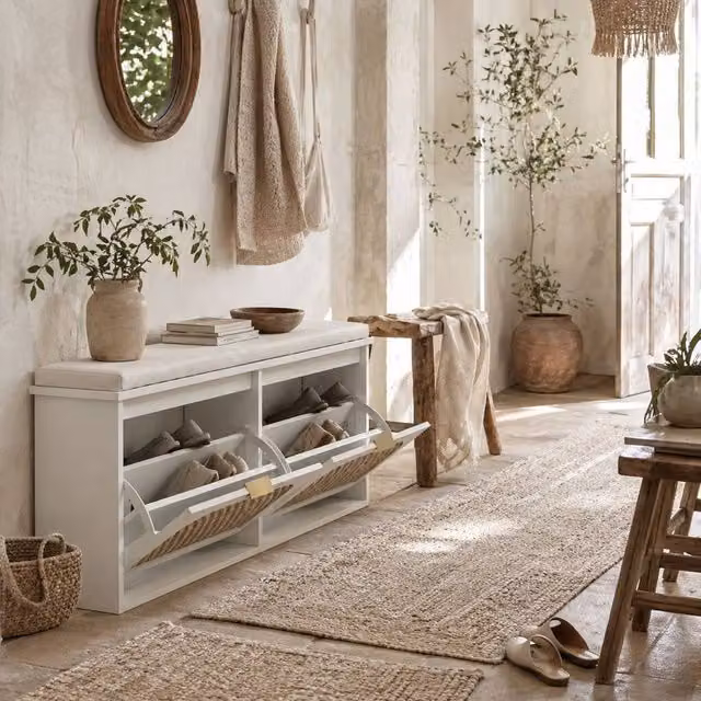 Wyld Haus Hano White and Beige Boho Shoe Bench with Cushioned Seat and 2 Rattan Flip Drawers