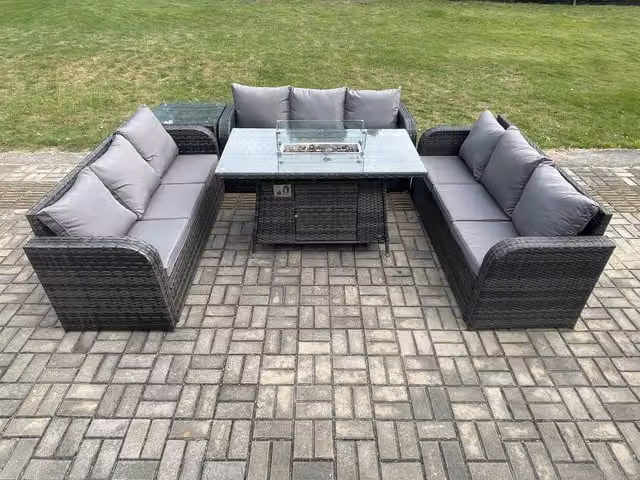 Fimous Rattan Garden Dining Set with Gas Fire Pit Table, Side Table and 3 Seater Sofa in Dark Grey